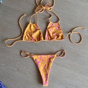 SKATIE Yellow & Pink Floral String thong Bikini Set